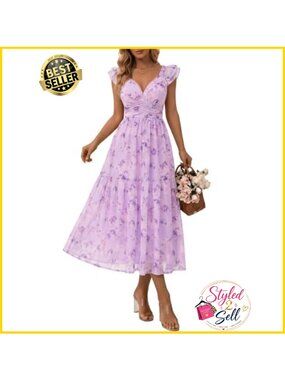 HUHOT Stretchy Tulle Mesh Ruffle Midi Dress Flowy Wedding Guest Sundress